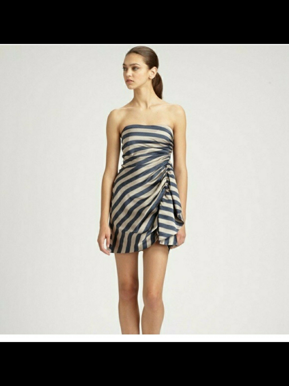 BCBGMaxAzria Strapless Striped Mini Dress in Navy and Tan Gold
